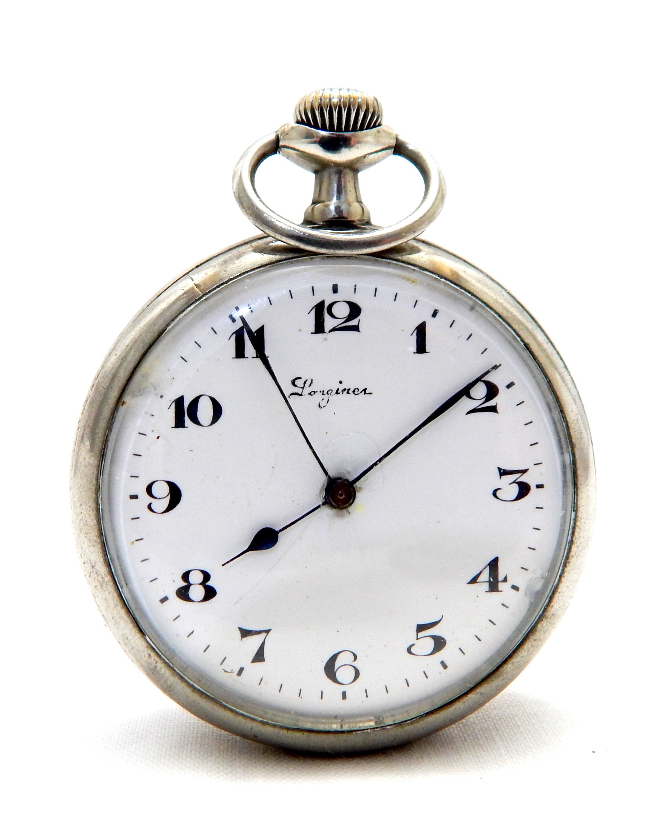 Antique Watch, Pocket LONGINES, Half Winding, Cal 18.89, Open Face, Circa 1910, Dial Porcelain, Case Stainless Steel, 46mm, Gift  VaN
