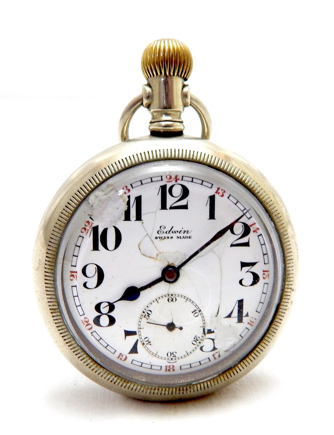 Antique Pocket, Watch EDWIN, Hand Winding, Railroad, Open Face, Circa 1905, Case Stainless Steel, 58mm, Gift Birthday, Unisex VaN, foto 2 de 5