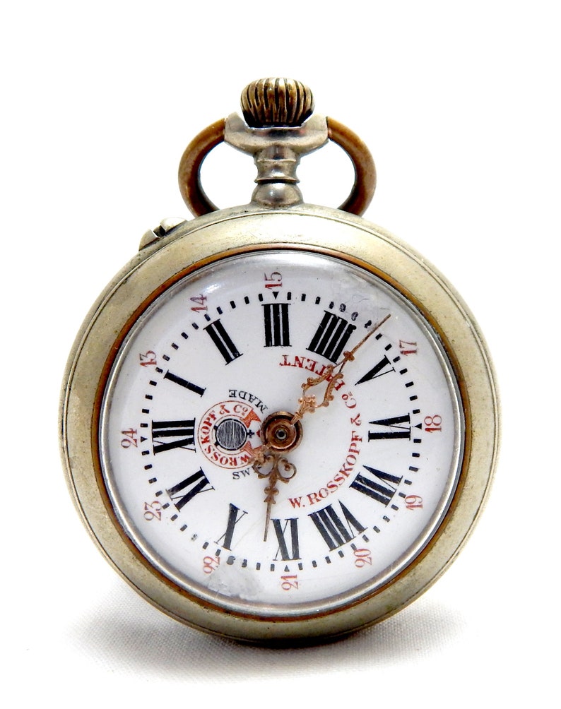 Antique Pocket, Watch ROSSKOPF, Open Face, 1900c, Dial Porcelain, Case Stainless Steel, 50mm, Working, Gift Anniversary, Birthday, Unisex zdjęcie 5