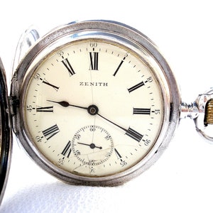 Antique Watch ZENITH, Grand Prix Paris,  Hunter Dial Porcelain, Art Deco 1905c, Case Silver, 53mm, Gift Birthday, Anniversary, Watch Working