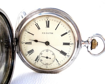 Antike Uhr ZENITH, Grand Prix Paris, Hunter-Zifferblatt aus Porzellan, Art Deco 1905c, Gehäuse aus massivem Silber, 53 mm, Geschenk, Geburtstag, Jahrestag, Unisex