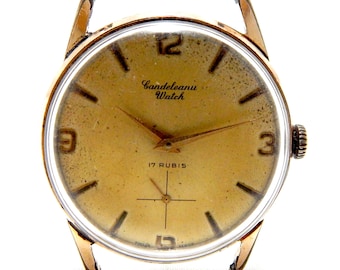 Montre vintage, montre Candeleanu, montre-bracelet, mécanique, 17 rubis, vers 1960, 35 mm, boîtier plaqué or, ne fonctionne pas, doit être réexaminé par VaN
