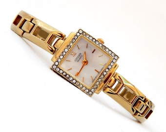 Vintage Watch, CITIZEN Quartz, Watch Square, Case Gold Plated, Zircons, Circa 1980, Ladie, Gift Birthday, Anniversary Wedding, Woman, Luxury