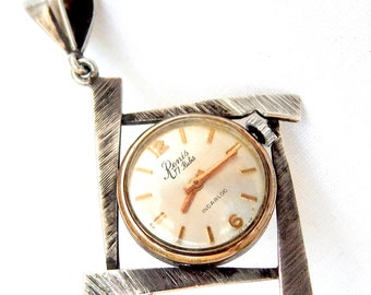 Vintage Watch, MERVOS, Watch Pendant, Hand Winding, Style Art Deco, Case Silver,  64mm x 40mm, 1940c, Gift Birthday, Anniversary, Wedding