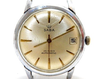 Montre vintage, montre SABA, montre automatique, montre pour homme, boîtier en acier inoxydable, 35 mm, vers 1950, fonctionnel, cadeau d'anniversaire, montre unisexe