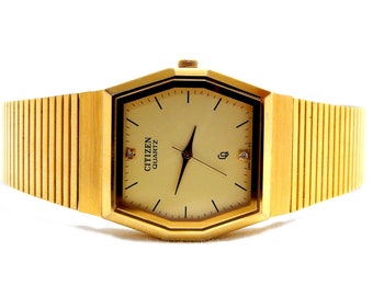 Montre Quartz, Montre CITIZEN, Citizen Quartz, 30 mm, Vers 1980, Montre unisexe, plaqué or, Cadeau d'anniversaire, Anniversaire d'un évènement, Montre pour femme, Fonctionne