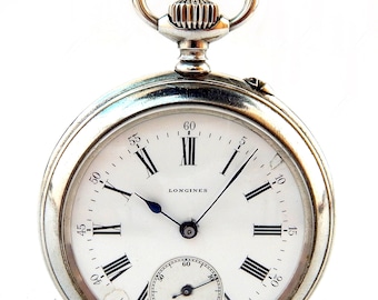 Vintage Watch, Pocket LONGINES, Open Face, Circa 1910, Dial Porcelain, Case Stainless Steel, 52mm Gift Anniversary Graduation Birthday VaN