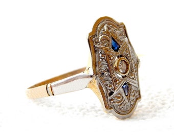 Antique Ring Art Deco, 1930c, Gold 18k, Platinum, Diamonds, Blue Sapphires, 1.7 gr, 16.2mm = 5 3/4 USA, Gift Birthday, Anniversary, Wedding