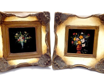 Antique Paintings, Wooden Frames, Acrylic On Glass, French Style, 15cmx15cm, Circa 1960, Gift Birthday, Anniversary