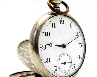 Bolsillo antiguo, Clásico de bolsillo, ORTA, Cuerda manual, Cara abierta, Estilo Art Déco, Circa 1910, Caja de acero, 50 mm, Regalo de cumpleaños, Reloj unisex