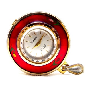 Vintage TIMOR Watch Pendant, Style Art Deco Enameled Case, 1950s Swiss, Mechanical 17 Rubies Working