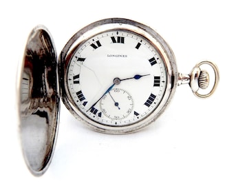 Antique LONGINES, Pocket Watch, Pocket Hunter, Hand winding, Dial Porcelain, 1915c, Case Solid Silver, 48mm, Gift Birthday, Anniversary VaN