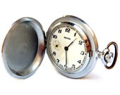 Vintage Pocket Watch, MOLNIJA Hunter Soviet Russian 1960c Case Silver, 50mm Dial Porcelain Working Gift Birthday Anniversary