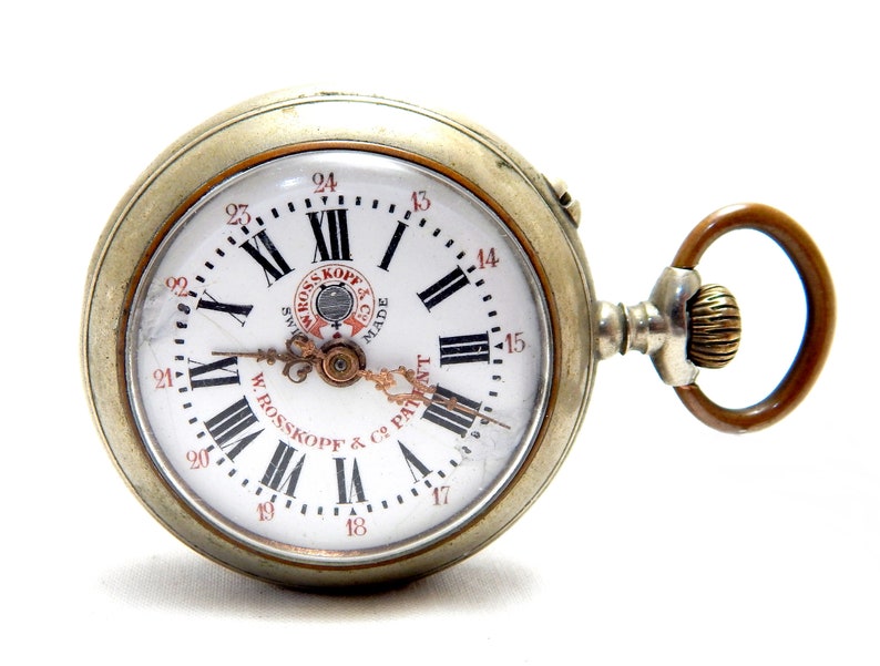 Antique Pocket, Watch ROSSKOPF, Open Face, 1900c, Dial Porcelain, Case Stainless Steel, 50mm, Working, Gift Anniversary, Birthday, Unisex zdjęcie 2