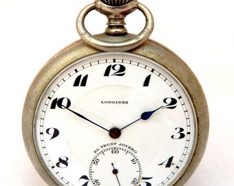 Montre vintage, montre LONGINES, ancienne de poche, cadran ouvert, 1925 c, cadran porcelaine, boîtier en acier inoxydable, 50 mm, cadeau d'anniversaire, montre en état de marche