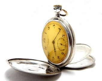 Antique Pocket, Watch Pocket, Watch Hunter, Dial Porcelain, Case Solid Silver, 51mm, Circa 1910, Gift Birthday, Anniversary, Watch Unisex