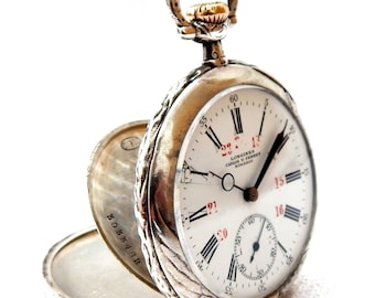 Reloj de bolsillo antiguo, cara abierta LONGINES, calibre 18,79, esfera de porcelana de 1910c, caja de plata maciza, regalo de cumpleaños de 48 mm, trabajo de aniversario