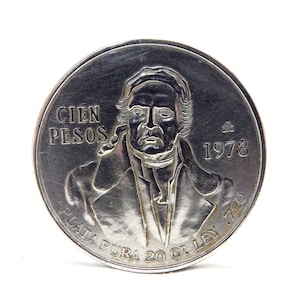 Coin Silver, Objects Collection, Cien 100 Pesos 1978, Estados Unidos Mexicano, Solid Silver, Coin 20gr 720, Plata Pura, Bullion Round  VaN