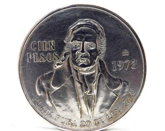 Münze Silber, Objekte Sammlung, Cien 100 Pesos 1978, Estados Unidos Mexicano, Massiv Silber, Münze 20gr 720, Plata Pura, Bullion Runde VaN