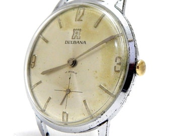 Vintage Watch, Watch DELBANA, Hand Winding, Watch Men, Case Stainless Steel, 36mm, 1950c, Working, Gift Birthday, Anniversary, Watch Unisex