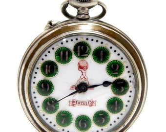 Antike Taschenuhr, Taschenuhr HERCULES, offenes Zifferblatt, Gehäuse Nikel, 46 mm, ca. 1900, Zifferblattfarbe Porzellan, funktionsfähig, Geschenk zum Geburtstag, Jubiläum