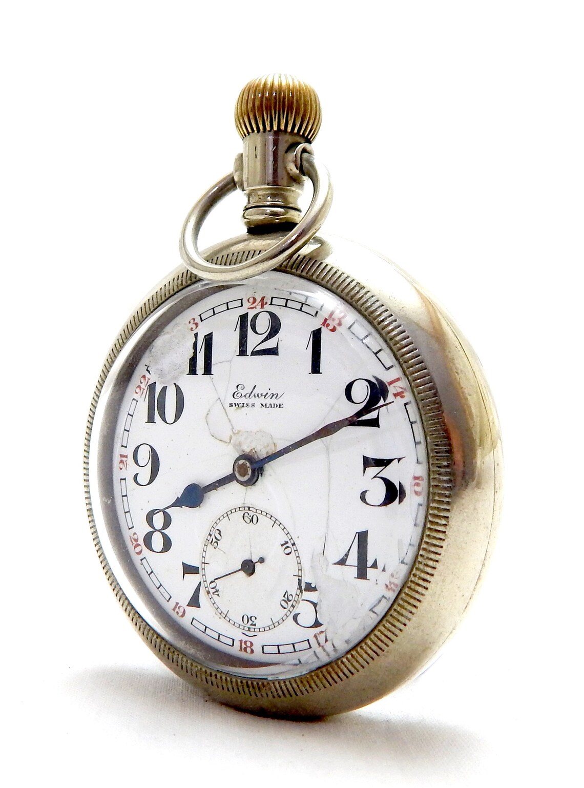 Antique Pocket, Watch EDWIN, Hand Winding, Railroad, Open Face, Circa 1905, Case Stainless Steel, 58mm, Gift Birthday, Unisex VaN, foto 4 de 5