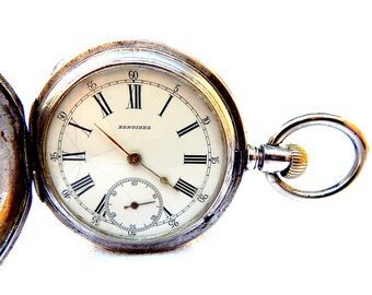 Antique LONGINES, Pocket Watch Hunter, Circa 1889 with 130 years, Case Solid Silver, 50mm Dial Porcelain, Gift Birthday Anniversary Wedding