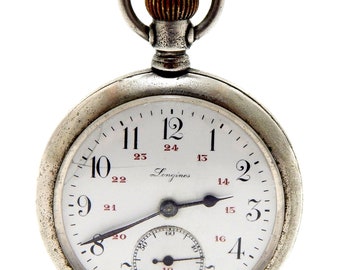 Pocket Longines, Uhr LONGINES, Longines Open Face, Zifferblatt Porzellan, Circa 1905, Gehäuse Stahl, 53mm, Geschenk zum Jahrestag, Uhr Unisex