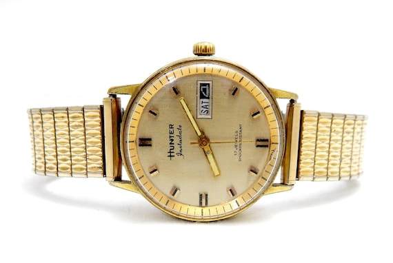 Vintage Watch HUNTER Instadate Hand Winding 1960c Case Gold