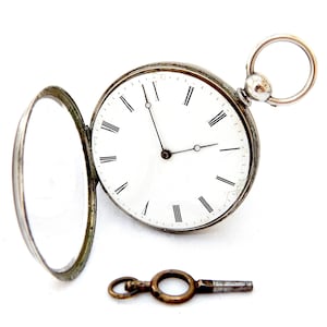 Antique Watch, Pocket Watch, Style Victorian, English, Dial Porcelain, 1890c, Case Solid Silver, 48mm, Working, Gift Anniversary,  VaN