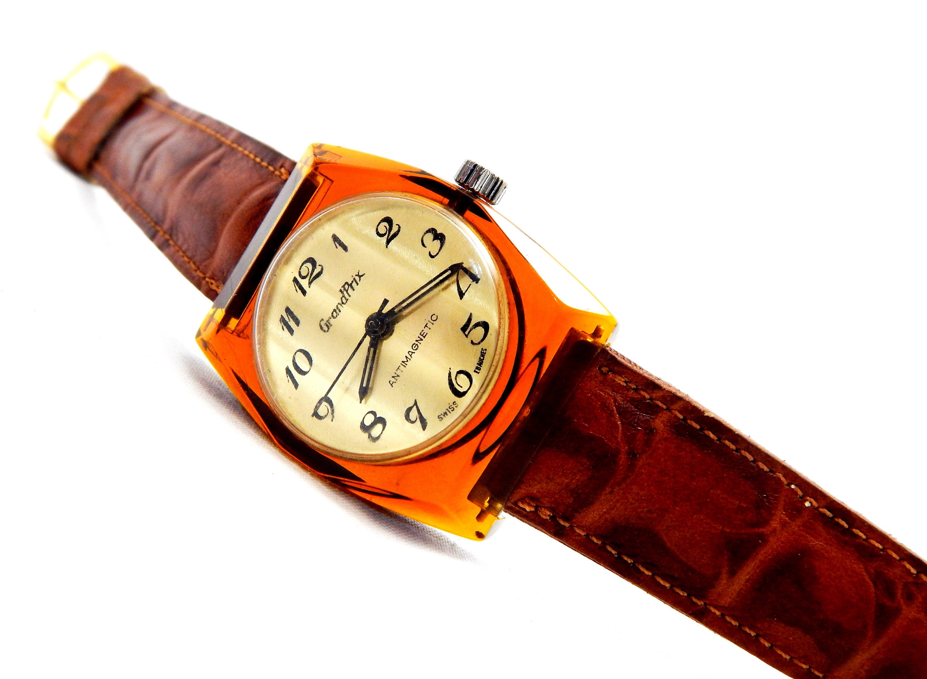 Reloj Vintage GRAND PRIX Cuerda Manual Reloj Suizo Plastico Rigido Transparente 40mm x 33mm Regalo Cumpleanos Aniversario Reloj Unisex Etsy Mexico