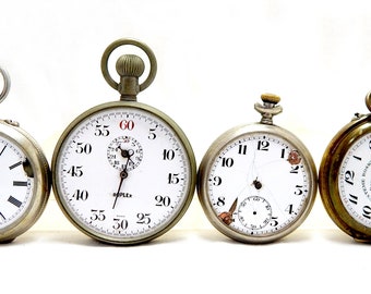Lot 4 Pocket Watches, Antique Pocket, Open Face, Hand Winding, Style Art Deco, Dial Porcelain, Watch Unisex, To Restore Parts