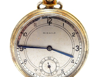 Antique Pocket, Watch MIRACLE, Open Face, hand Winding, 1910c, Case Gold Plated, 48mm, Working, Gift Anniversary, Birthday, Watch Unisex