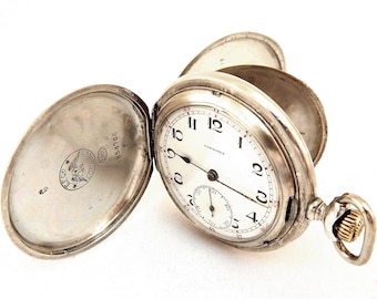 Antique Pocket, Watch LONGINES, Watch Hunter, Dial Porcelain, Case Solid Silver, 51mm, 1925c, Gift Birthday, Anniversary,  VaN