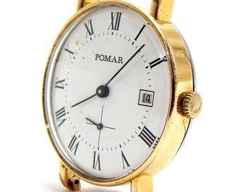Montre vintage, montre POMAR, mouvement mécanique, montre-bracelet, montre pour homme, boîtier plaqué or, 32 mm, vers 1960, fonctionnel, montre unisexe