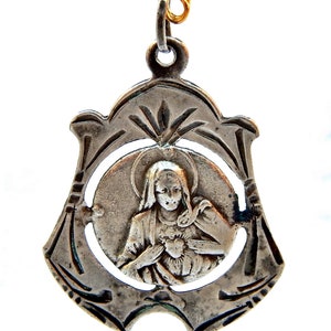 Antique Medal Catholic, Blessed Religious, Sacred Heart of Jesus, Style Art Deco, Silver Plated, 30mm, Anniversary Gift, Birthday Gift