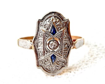 Antique Ring Art Deco, 1930c, Gold 18k, Platinum, Diamonds, Blue Sapphires, 1.7 gr, 16.2mm = 5 3/4 USA, Gift Birthday, Anniversary, Wedding