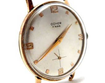 Montre vintage, montre CONER, montre-bracelet, art déco, remontage manuel, 17 rubis, vers 1960, 36 mm, plaqué or, ne fonctionne pas, à revoir