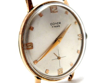 Vintage Watch, Watch CONER, Wrist Watch, Art Deco, Hand Winding, 17 Jewels, Circa 1960, 36mm, Case Gold Plated, Not Working, Needs Review