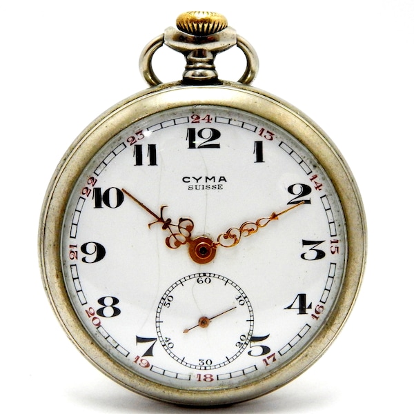 Antique Pocket CYMA, Watch CYMA Suisse, Pocket Open Face, Case Stainless Steel, Circa 1910, 50mm, Dial Porcelain, Unisex, To Restore Parts