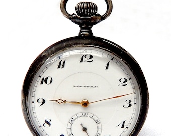 Pocket Watch, Cronometro Escasany, Art Deco, Case Silver, 53mm, Dial Porcelain, Watch Unisex, Gift Birthday, Anniversary, Watch Working