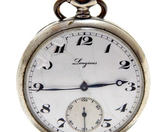 Pocket Longines, Uhr LONGINES, Longines Open Face, Zifferblatt Porzellan, Gehäuse Stahl, 49 mm, Circa 1930, Geschenk zum Jahrestag, Uhr Unisex VaN