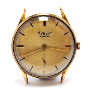 Vintageklocka MONRAY, Klockmekaniker, 17 rubiner, Förgylld boett, 34 mm, Cirka 1950, Klockan fungerar, Födelsedagspresent, Jubileum, Herrklocka
