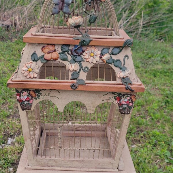 Vintage Folk Art Wood and Wire Bird Cage with Butterflies and Flowers