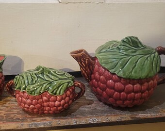 Jay Wilifred Majolica red grape teapot, creamer and lidded sugar