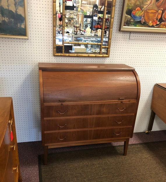Danish Mid Century Modern Teak Roll Top Desk Bureau With Pull Out Writing Table And Drawers