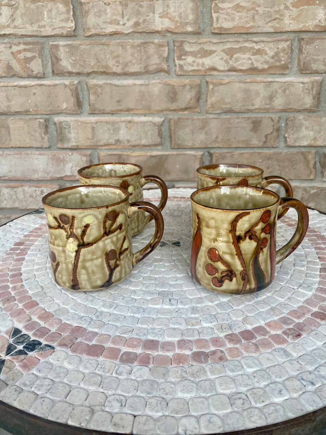 Set of Four Mid Century Glazed Pottery Mugs With Abstract Etsy