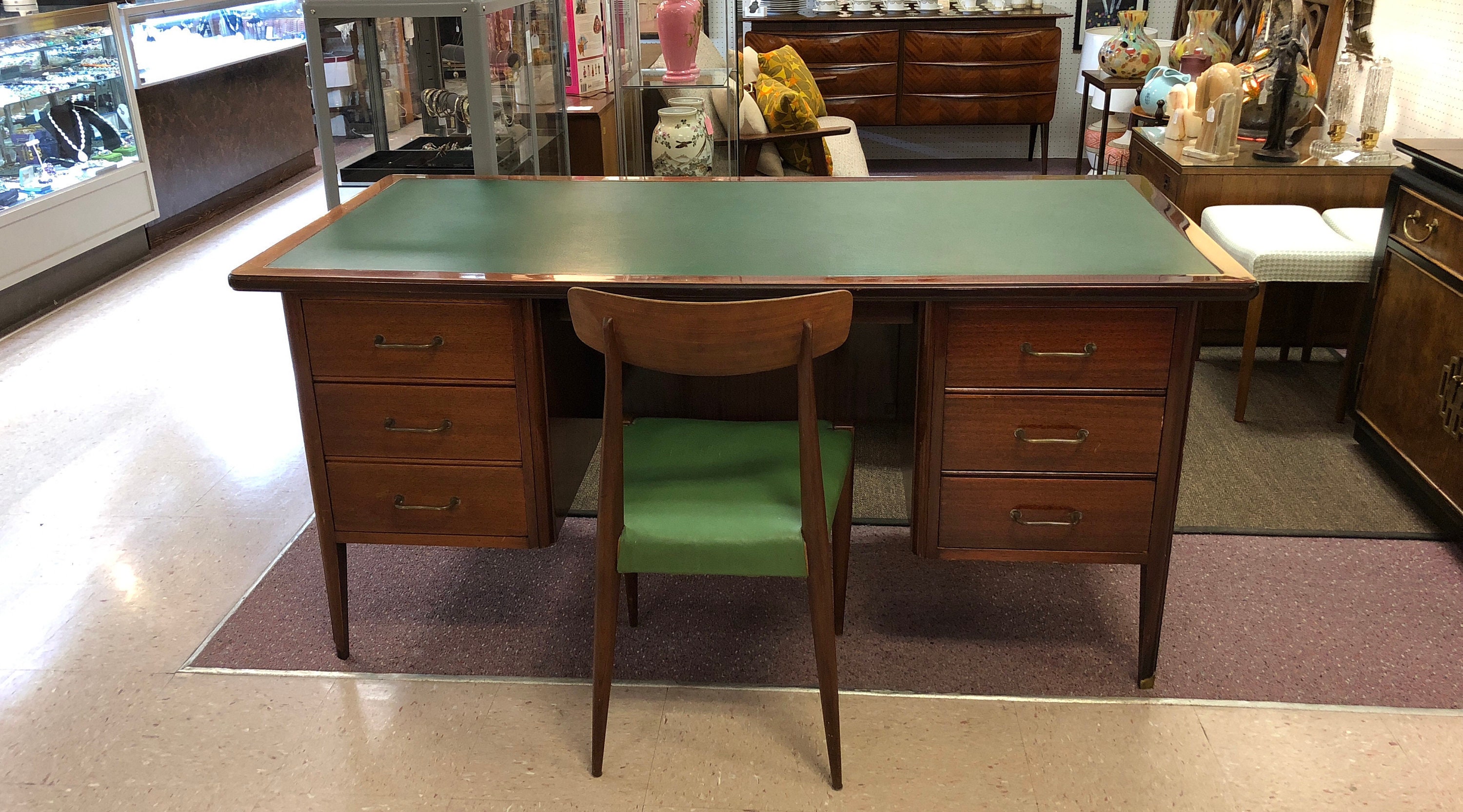 Mid Century Modern French Mahogany Leather Top Executive Desk For