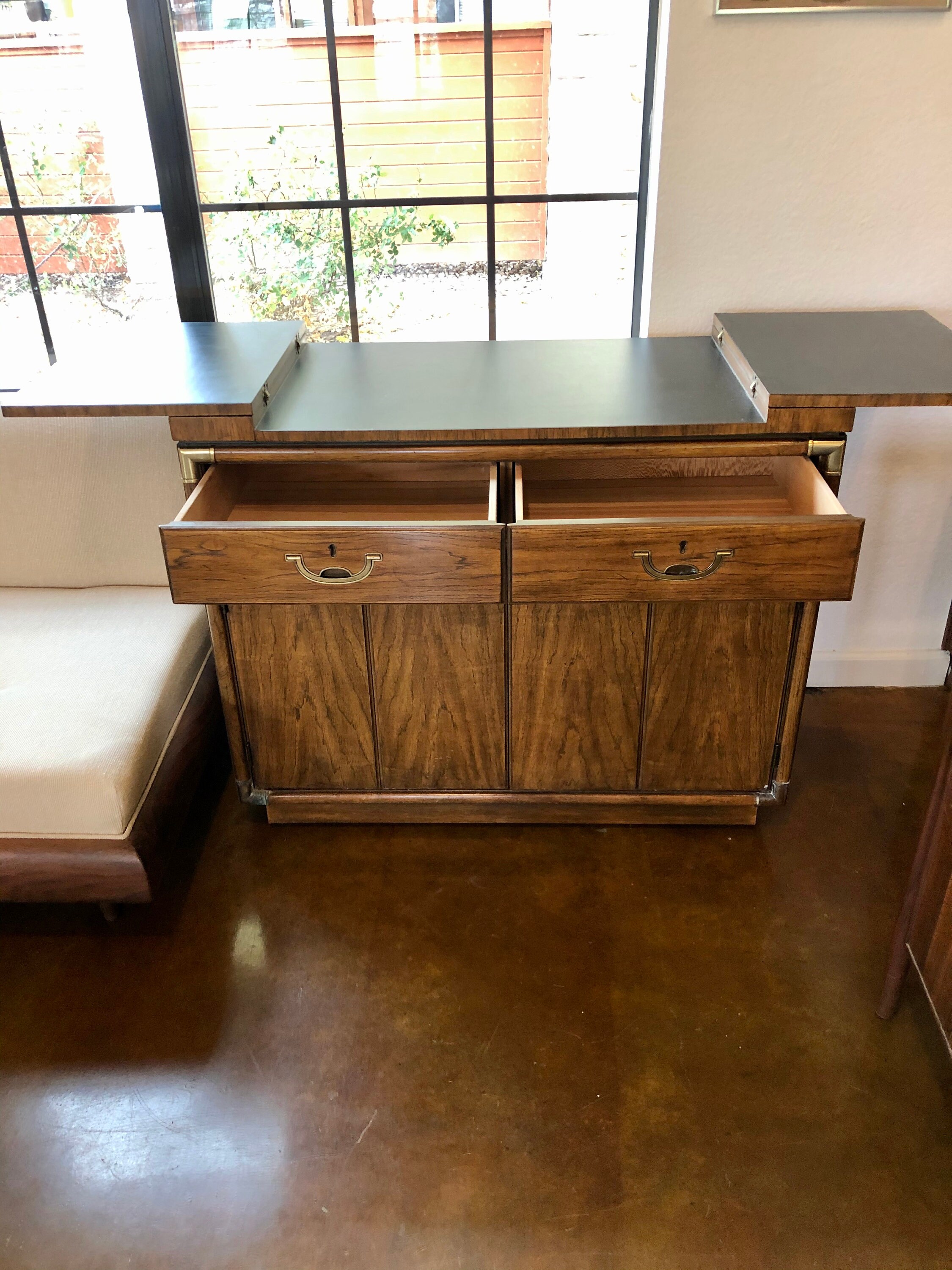 Vintage Mid Century Modern Campaign Style Drexel Fold Out Bar