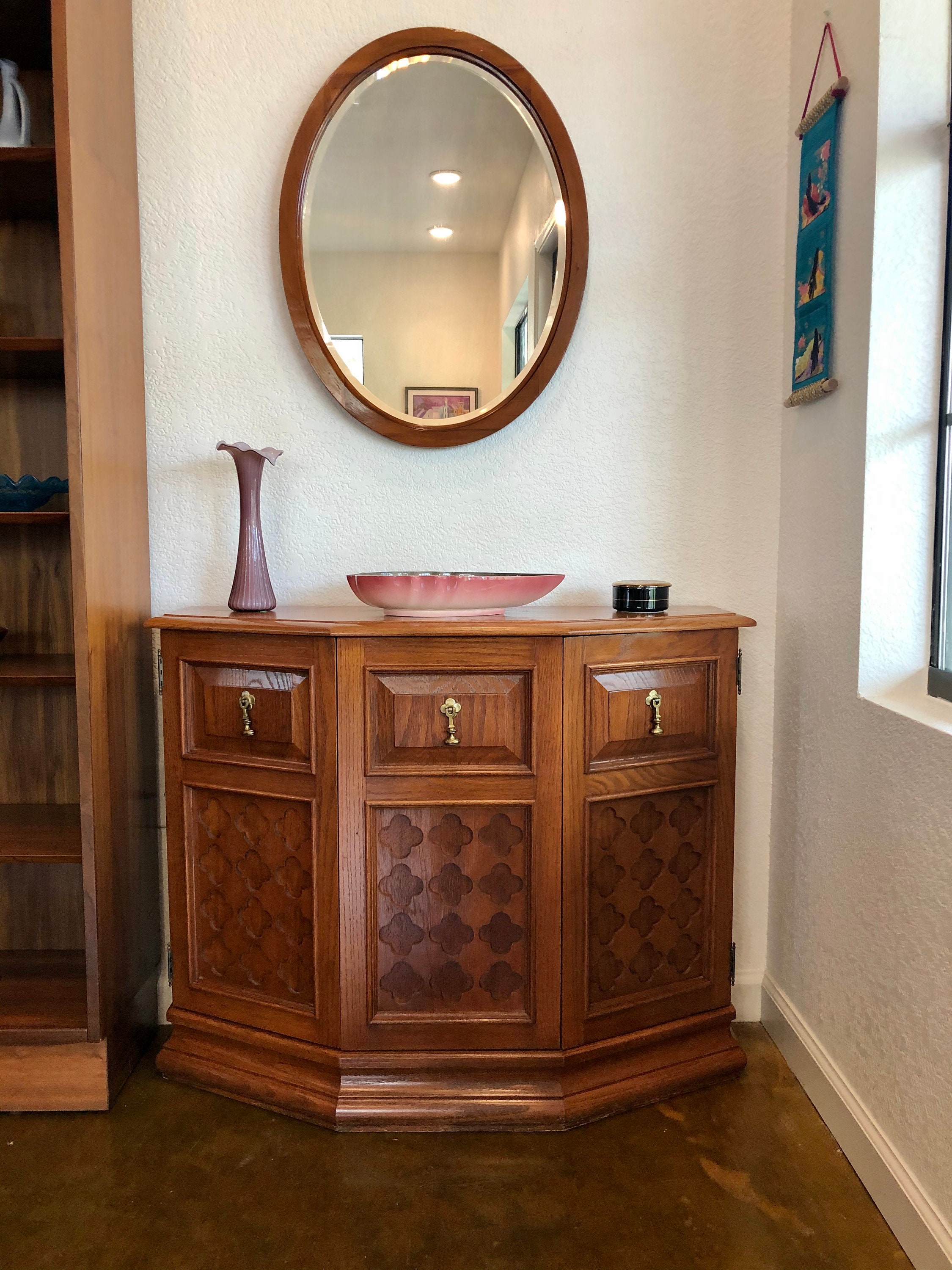 Small Mid Century Modern Solid Oak Entryway Console Cabinet Hall